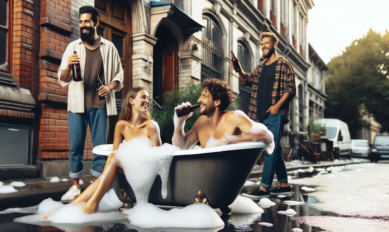 Unconventional Fun: Friends Enjoy Bathtub Party on the Street